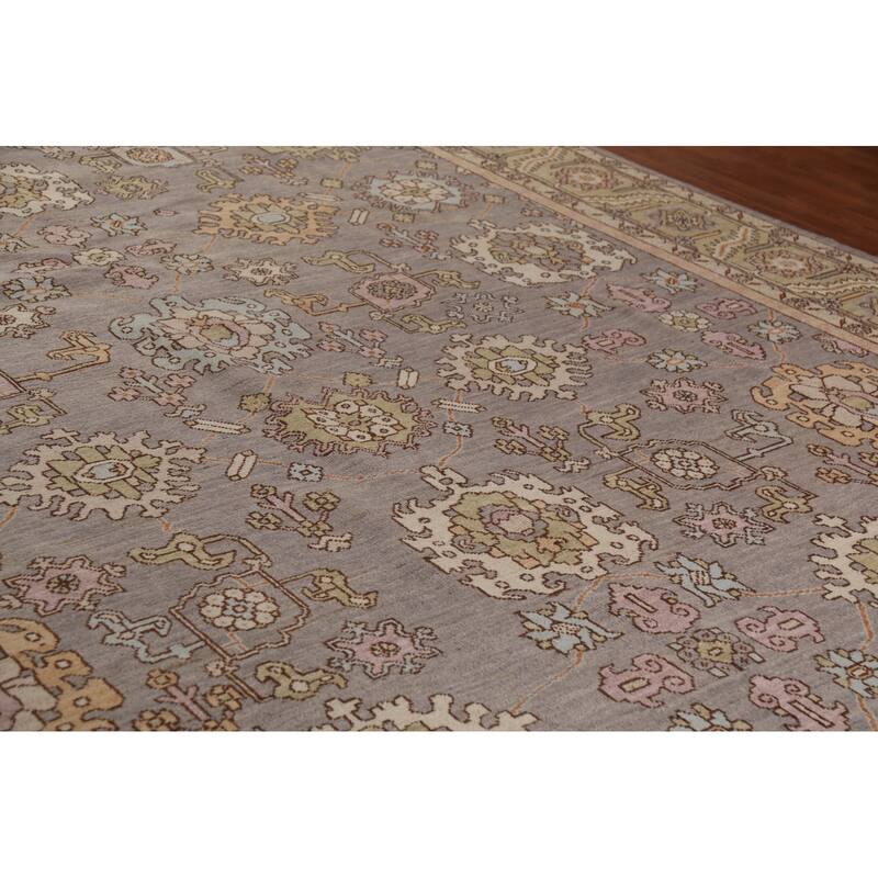 Vegetable Dye Oushak Turkish Large Rug Hand-Knotted Grey Wool Carpet - 10'5"x 13'8"