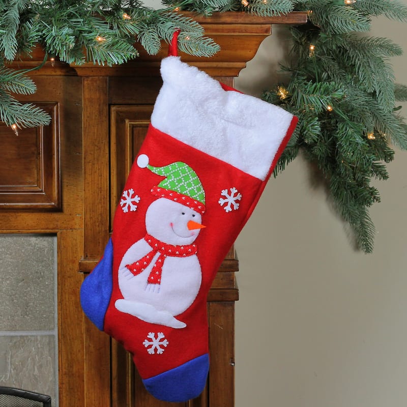 19'' Red and Blue Plush Cuff Snowman Christmas Stocking - 19"