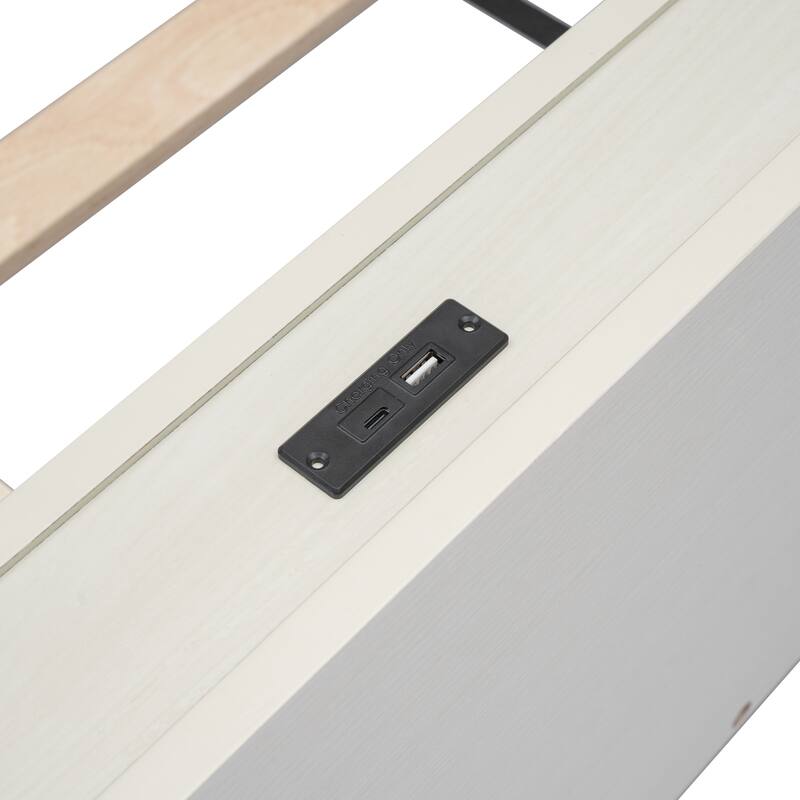 White Washed Twin Size Platform Bed Frame with Built-in USB Ports, Particle Board & Rubberwood, No Box Spring Required