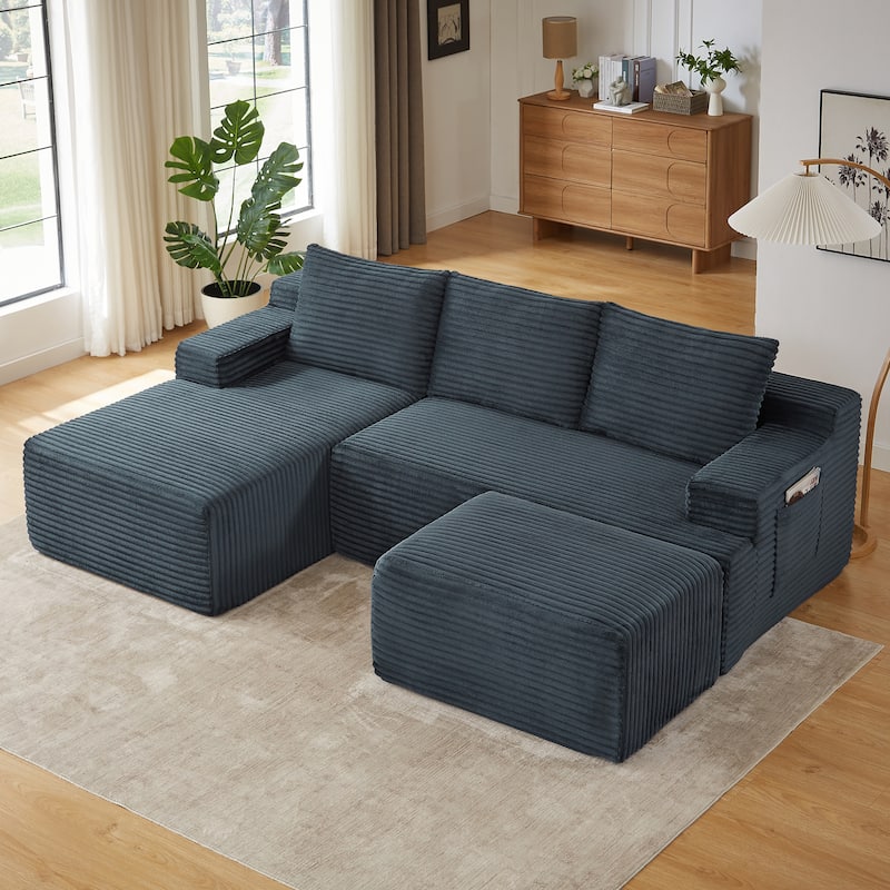 Corduroy Upholstery Cloud Modular Sectional Sofa with Chaise and Pillows, All-Foam Compression Design