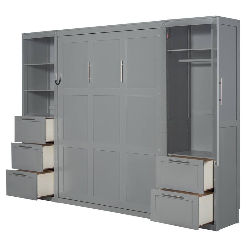 Queen Size Murphy Bed Hidden Bed with Wardrobe Drawers Shelves