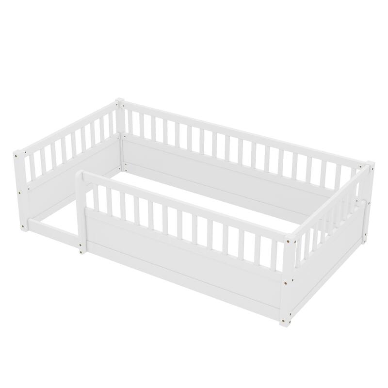 Roomfitters Wooden Twin Floor Bed Frame with Fence, Montessori Low Platform Design for Bedroom or Playroom