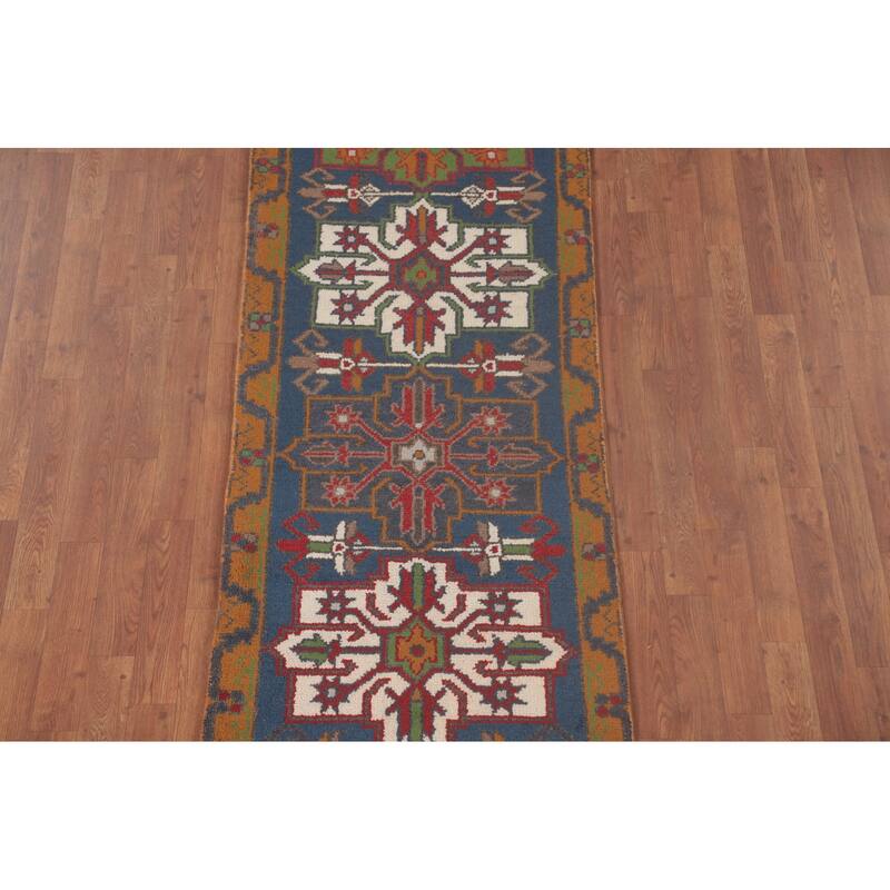 Blue Geometric Heriz Serapi Oriental Runner Rug Handmade Wool Carpet - 2'7"x 7'10"