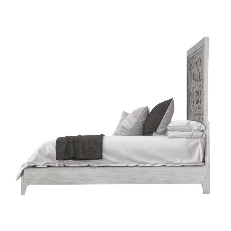 Full Size Platform Boho Bed, Carved Mandala High Headboard, Washed Gray