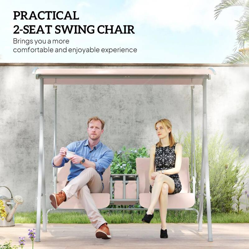 2-Seater Outdoor Porch Swing with Canopy and Table, Patio Swing Chair