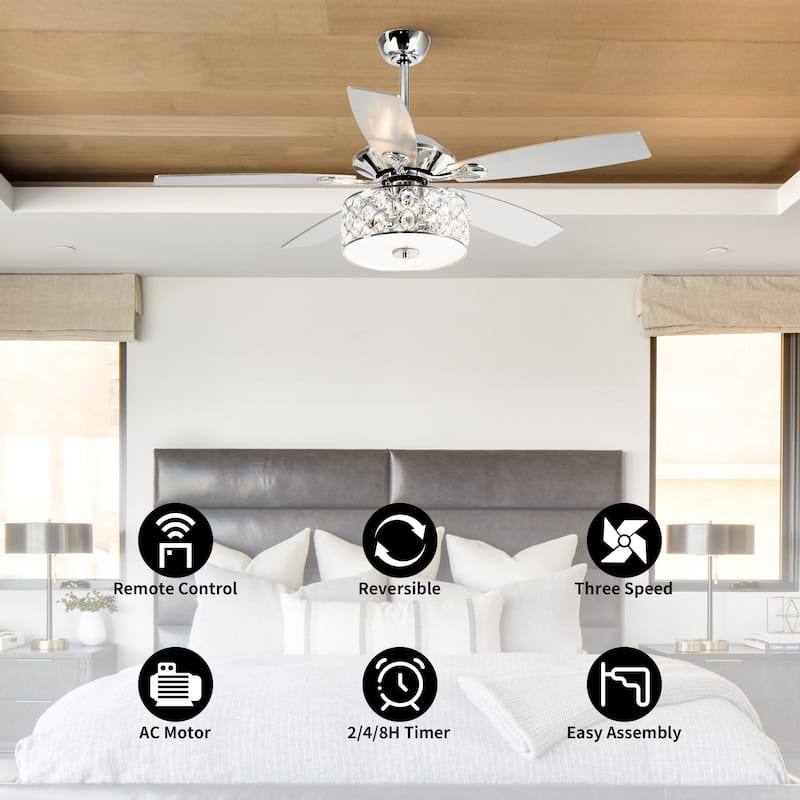 52" Indoor Chrome Crystal Chandelier Ceiling Fan with Light and Remote Control - 52 in. W X 52 in. D X 19.3 in. H