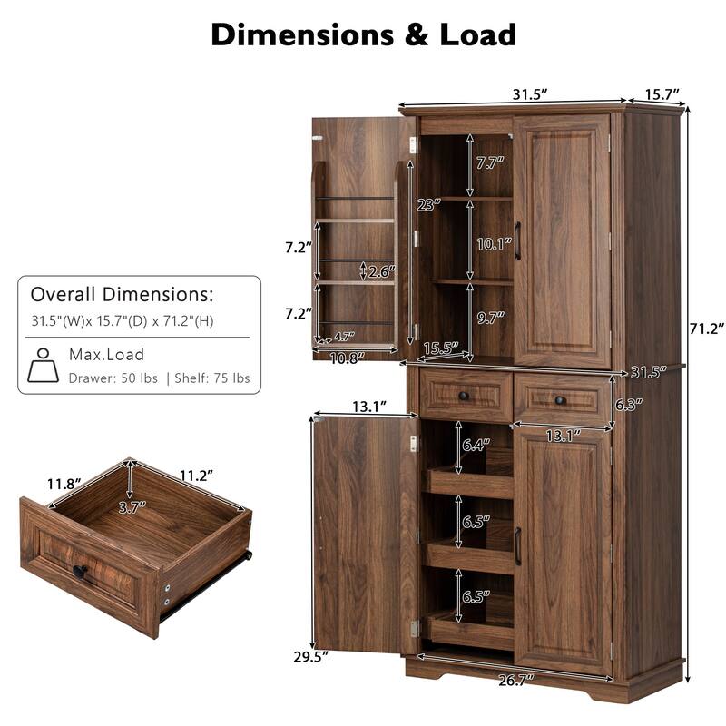 Roomfitters 71" Tall Kitchen Pantry Cabinet with 3 Pull-Out Organizers & 6 Door Shelves