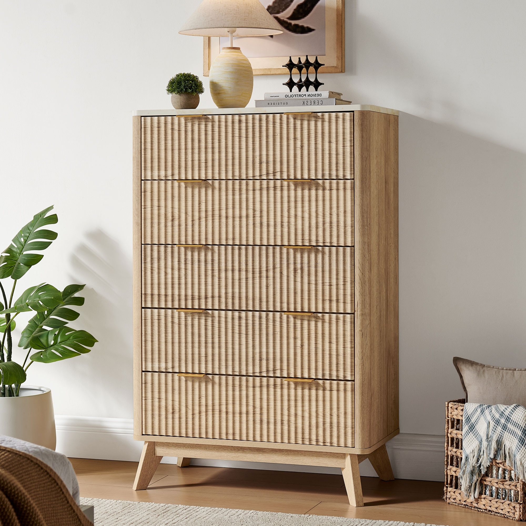 Modern Fluted 5 Drawers Dresser, Chest of Drawers, Dresser TV Stand