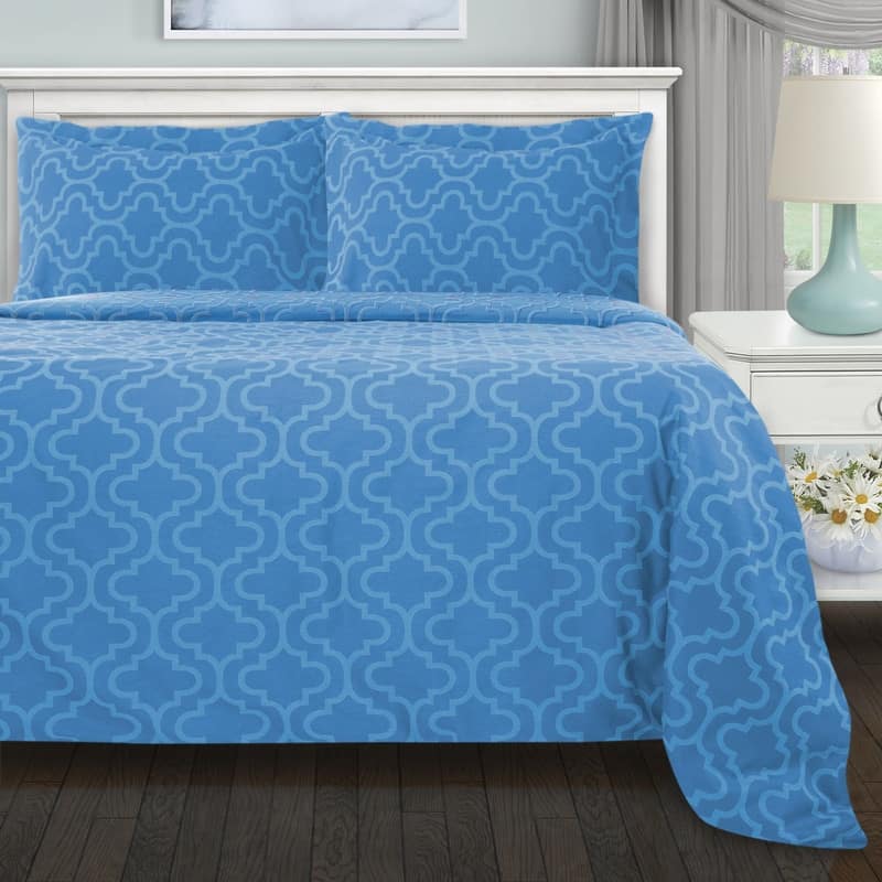 Superior Reversible Brushed Cotton Flannel Trellis Duvet Cover Set - Full - Queen - Light Blue