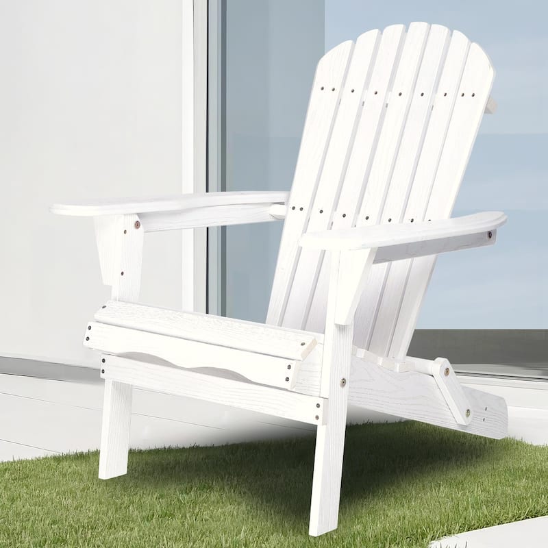 Set of 2 White Solid Wood Adirondack Chairs Embossed Grain Outdoor Patio Chairs for Garden Deck and Backyard - 19.5" x 31" x 36"