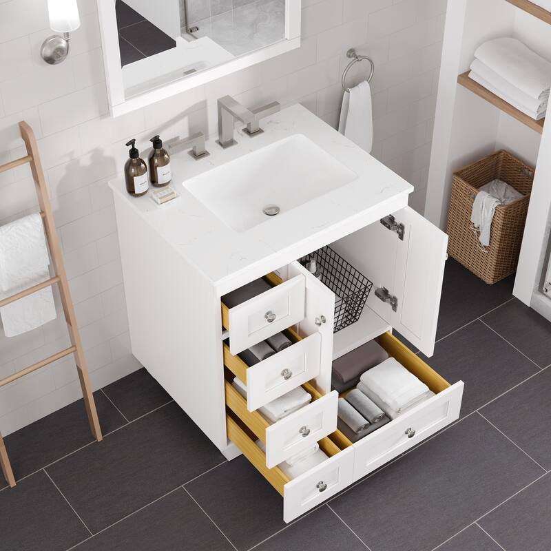 Eviva Acclaim Single Sink Bath Vanity with Carrara Quartz Top and Undermount Porcelain Sink