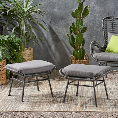 Roomfitters Outdoor Rattan Ottomans with Cushions, Set of 2 Footrests for Patio or Balcony Seating