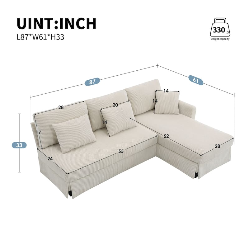 Oaks Aura Modern L-shaped Corduroy Sofa with Reversible Chaise, Upholstered Sectional Convertible Sleeper Couch with Pillows