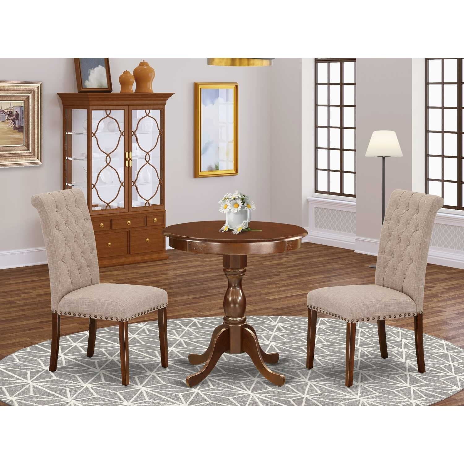 3-Piece Mahogany Finish Solid Wood Top - Upholstered Dining Room Set - Seats 4