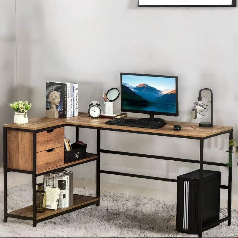 L-Shaped Home Office Computer Desk with Storage Shelves