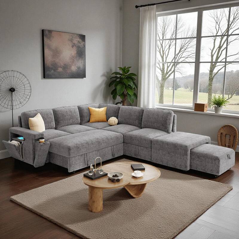 L-Shaped Modular Sofa with Storage Space USB Ports and Cup Holders Padded Sectional Couch for Living Room Office Apartment