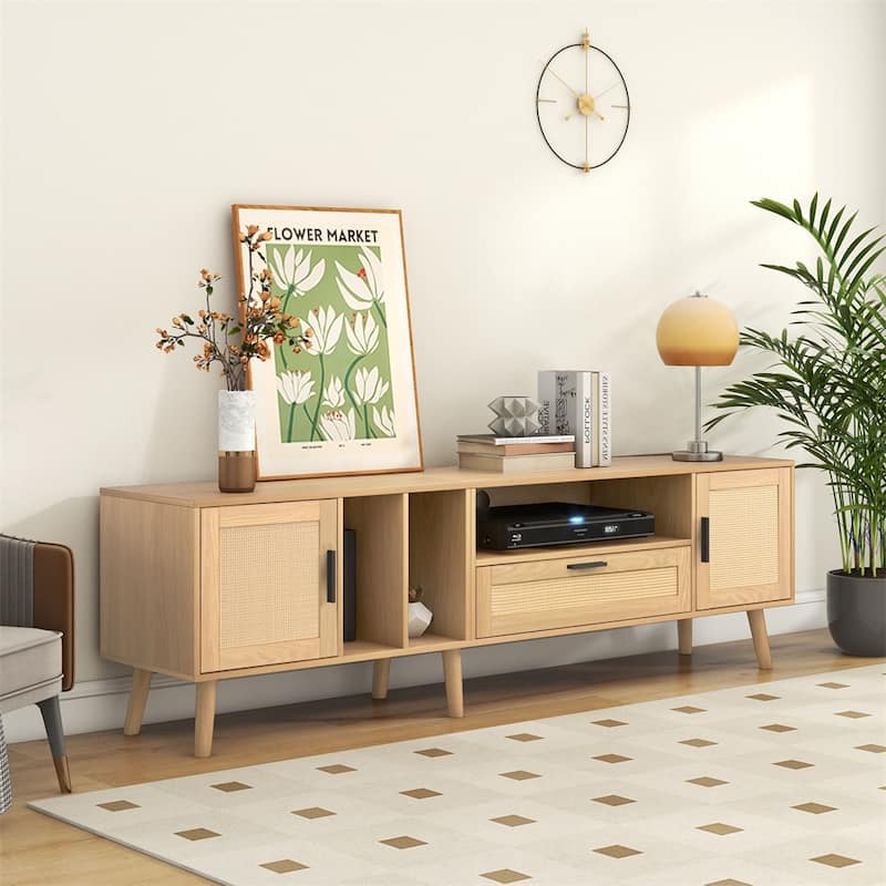 Rattan TV Stand w/Cabinets&Shelves,Rattan-inspired Media Console Table