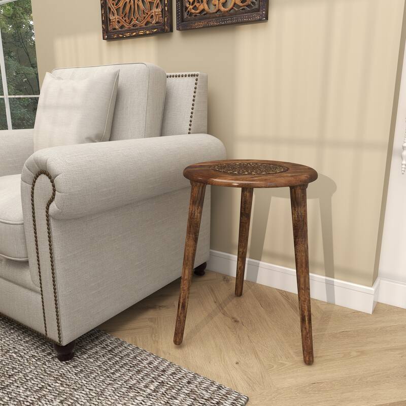 Mango Wood Handmade Intricately Carved Floral Accent Table with Tripod Legs - Dark Brown, White, Brown