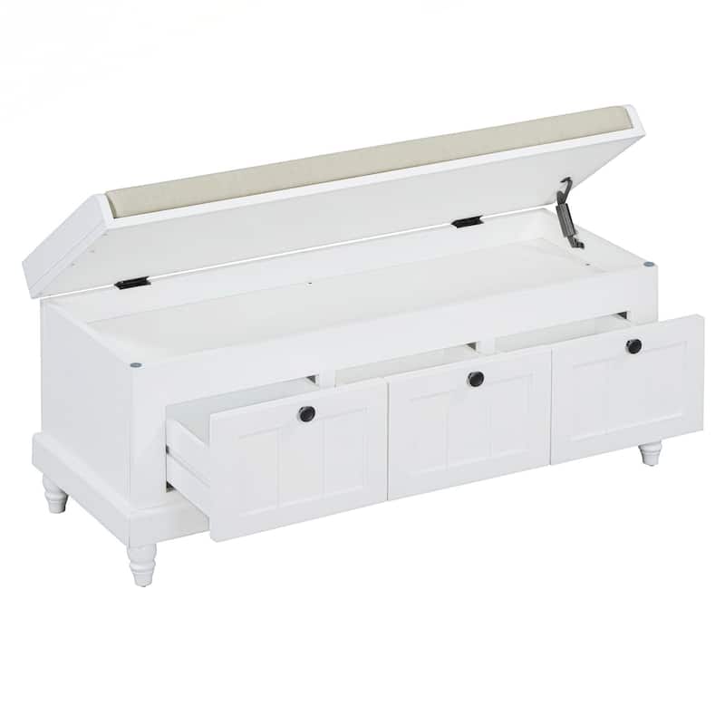 Classic Shoe Bench with Cushion and Three Drawers, Fluted Entryway Bench with Storage for Living Room, Entryway, and Hallways