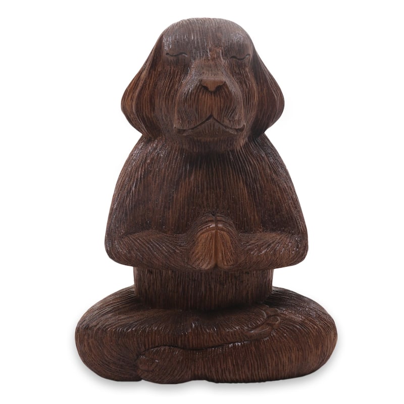 Novica Handmade Meditating Long-Haired Puppy Wood Sculpture