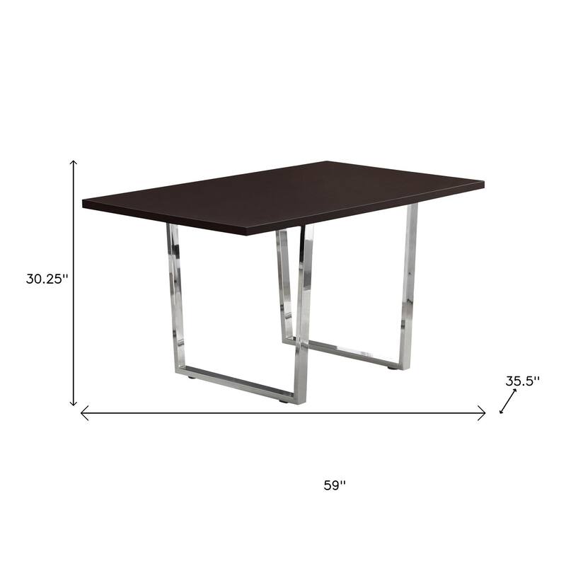 HomeRoots 59" Espresso And Silver Solid Wood And Metal Sled Base Dining Table - 59.00 in. x 30.25 in. x 35.50 in.