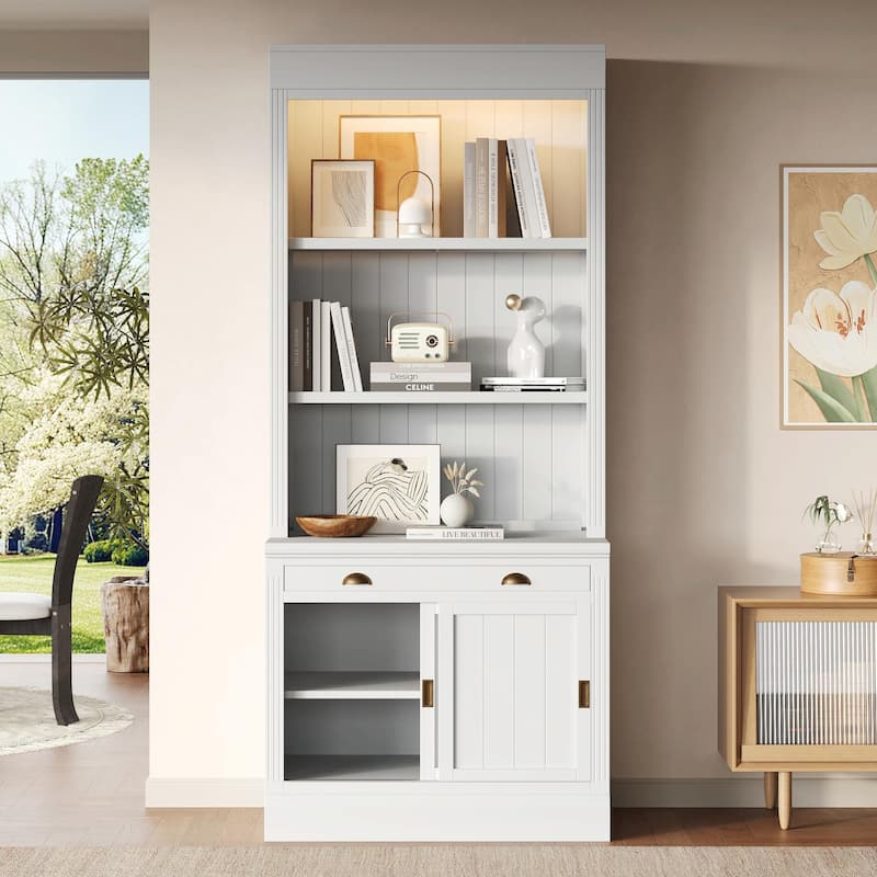 83.4" Tall Bookshelf with LED Lighting, Sliding Doors and Open Shelves - White
