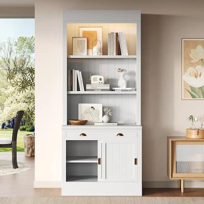 83.4" Tall Bookshelf with LED Lighting, Sliding Doors and Open Shelves