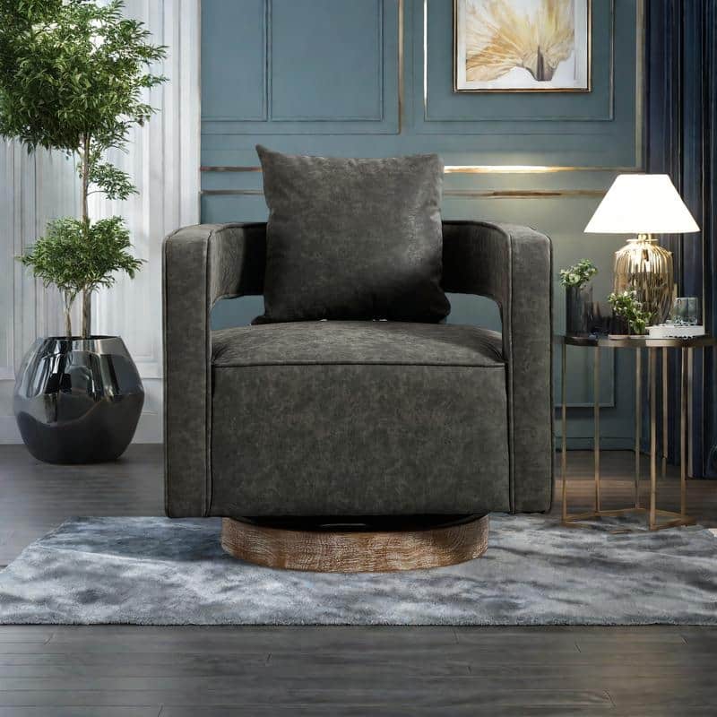 PU Leather Swivel Barrel Chair with Weathered Wood Base, 360° Rotation, and High-Density Foam Seat