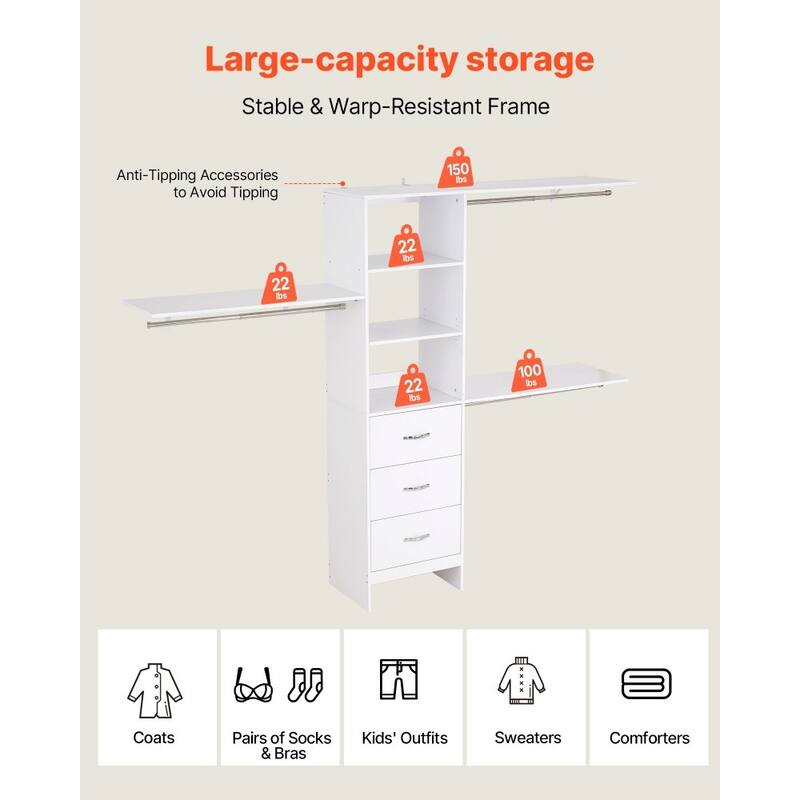 White Wooden 3 Drawers Closet Organizer with 12 Compartments Adjustable Rods for Large Storage - 95.7” x 16” x 75”