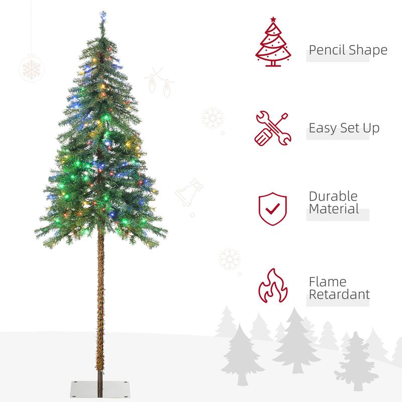 HOMCOM Pre-Lit Pencil Artificial Tree - Warm White/Colorful LED Lights, Steel Base - Green