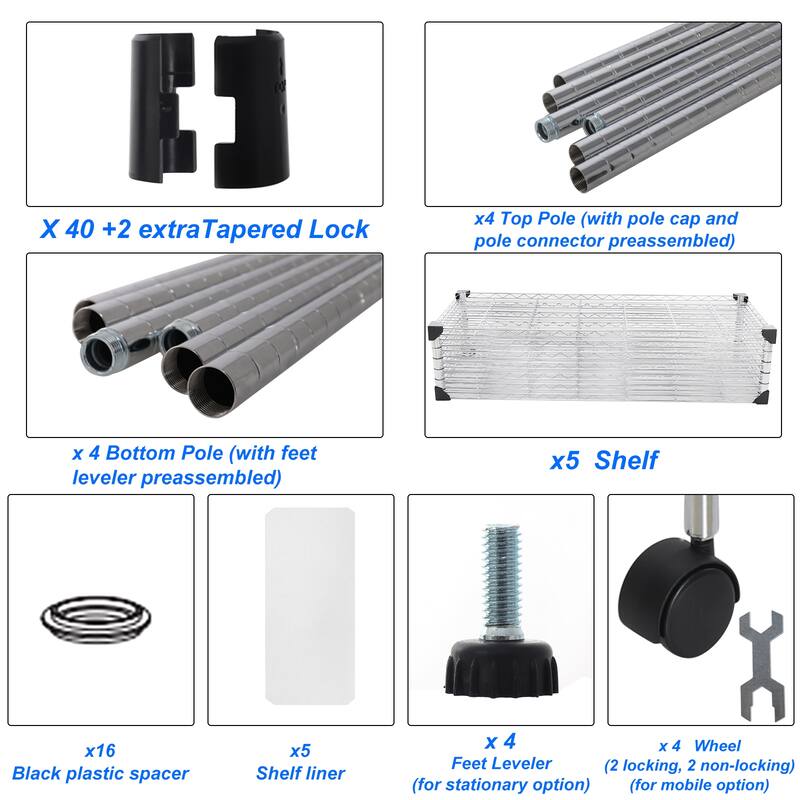 5 Tier Wire Shelving Unit, Heavy Duty Metal Large Storage Shelves Height Adjustable for Garage Kitchen Office