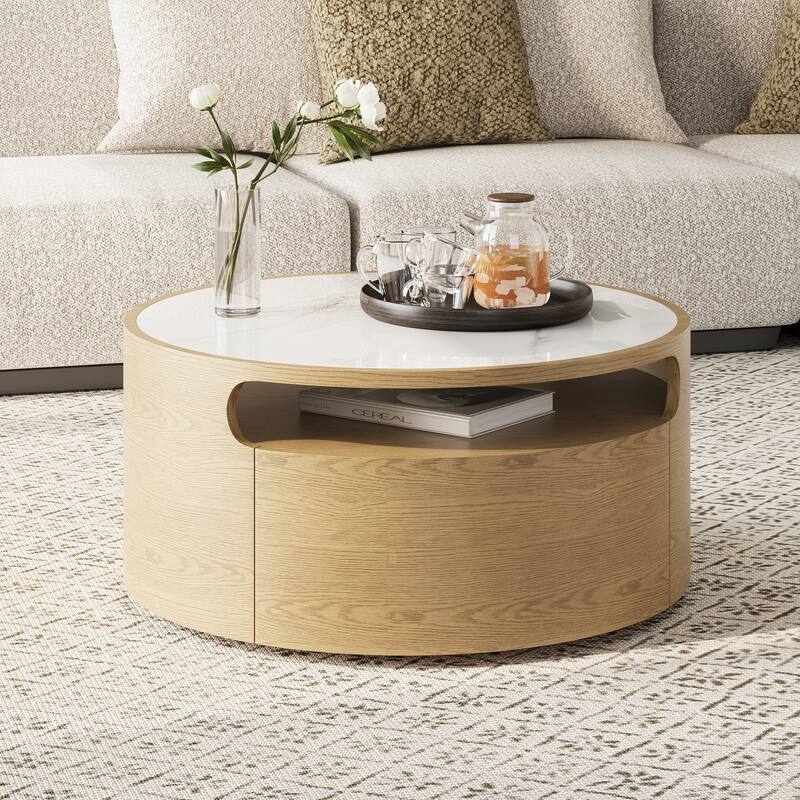 31.5" Modern Light Wood Round Coffee Table, with 2 Drawers, Solid Wood Texture, Fully Assembled