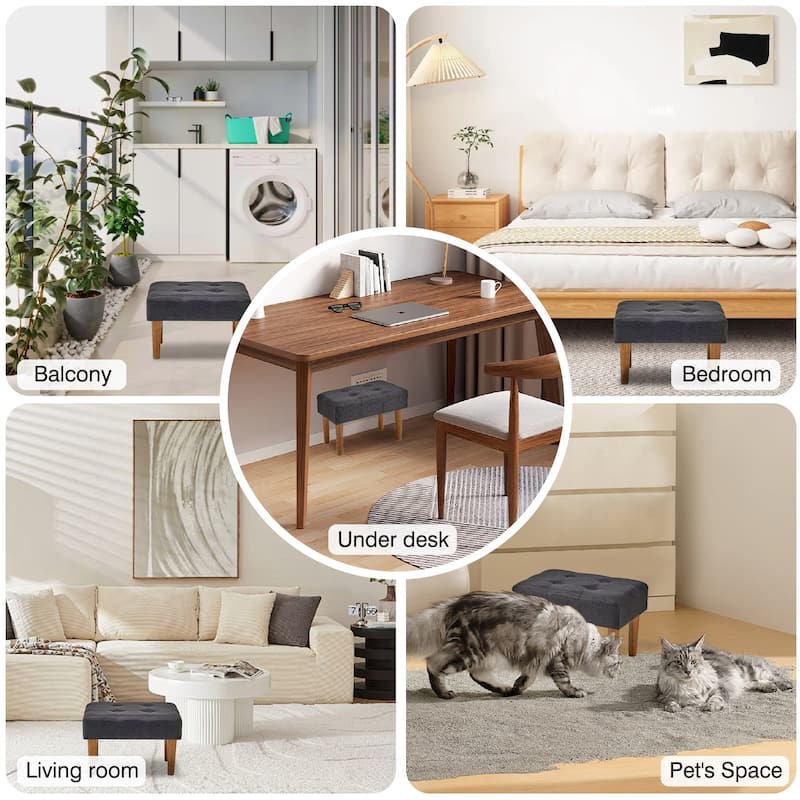 Javlergo Set of 1 or 2 Linen Ottoman Foot Rest with Wooden Legs Tufted Rectangle Upholstered Footstool for Couch Living Room