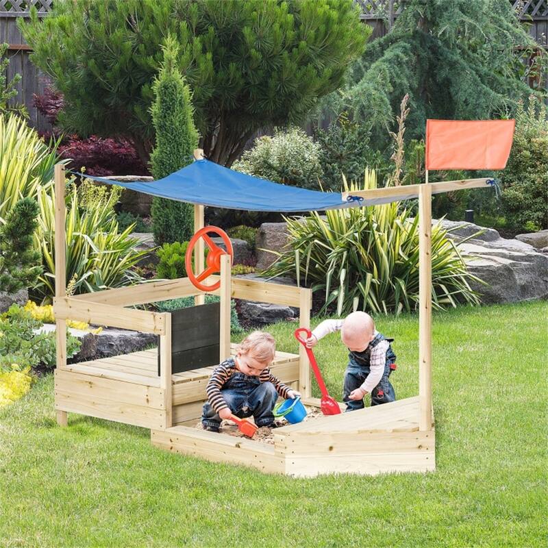 Children’s Boat Sandbox with Canopy Blackboard Rudder and Side Seats for Kids Ages 3 to 8 Years - 70.75" L x 36" W x 56.75" H