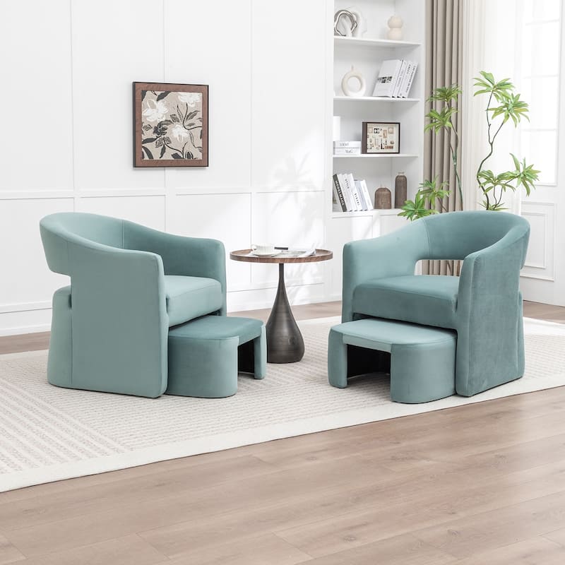 SEYNAR Modern Glam Velvet Accent Armchair Open Back with Ottoman Set of 2 - Blue