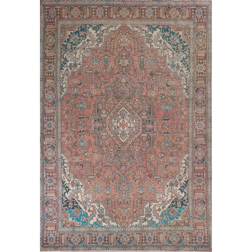 Tabriz Vintage Persian Rug Hand-Knotted Pink Geometric Wool Carpet - 9'9" x 13'4"