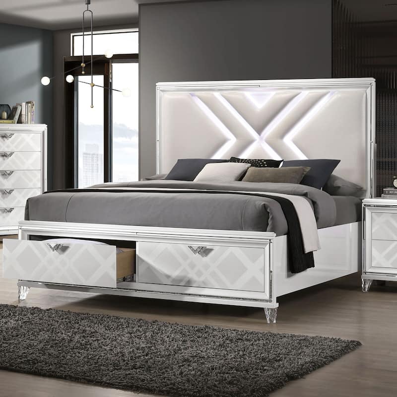 Furniture of America Bel Air Modern LED Headboard 2-Drawer Platform Bed with Storage - White - California King