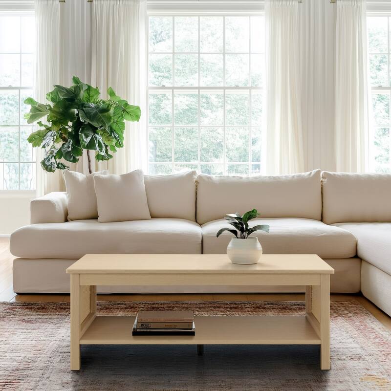 Chelsea Square Ashlyn 2-Tier Coffee Table with Rattan Sides & Spacious Open Shelf Storage - 21.75x16