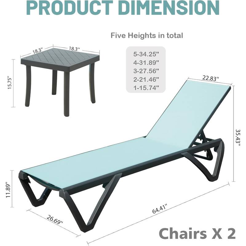Outdoor Reclining Chair Set of 3 with Side Table, Rust-resistant Lounge Chairs with Wheels and 5 Adjustable Position