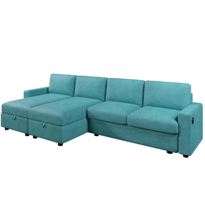 103.9" Sectional Sofa Convertible Sectional Sofa, U-shaped Sofa with Two Storage Chaise Lounges and Four USB Ports