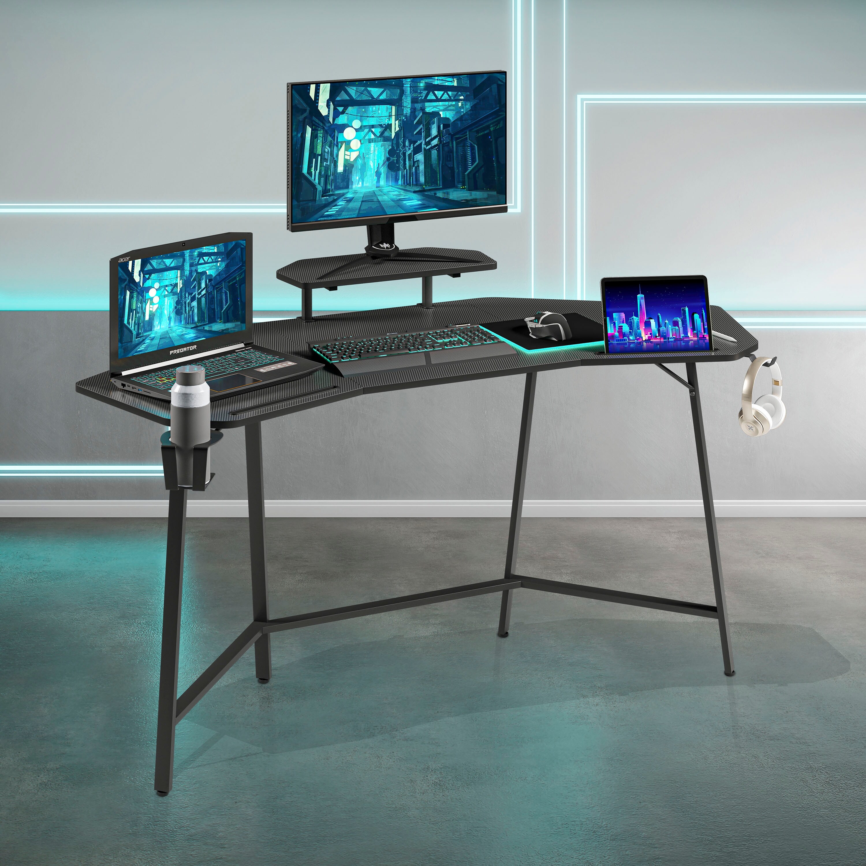 Modern Gaming Desk with Built In Tablet Stand Retractable Cup Holders and Adjustable Monitor Shelf for Single Monitor Setup