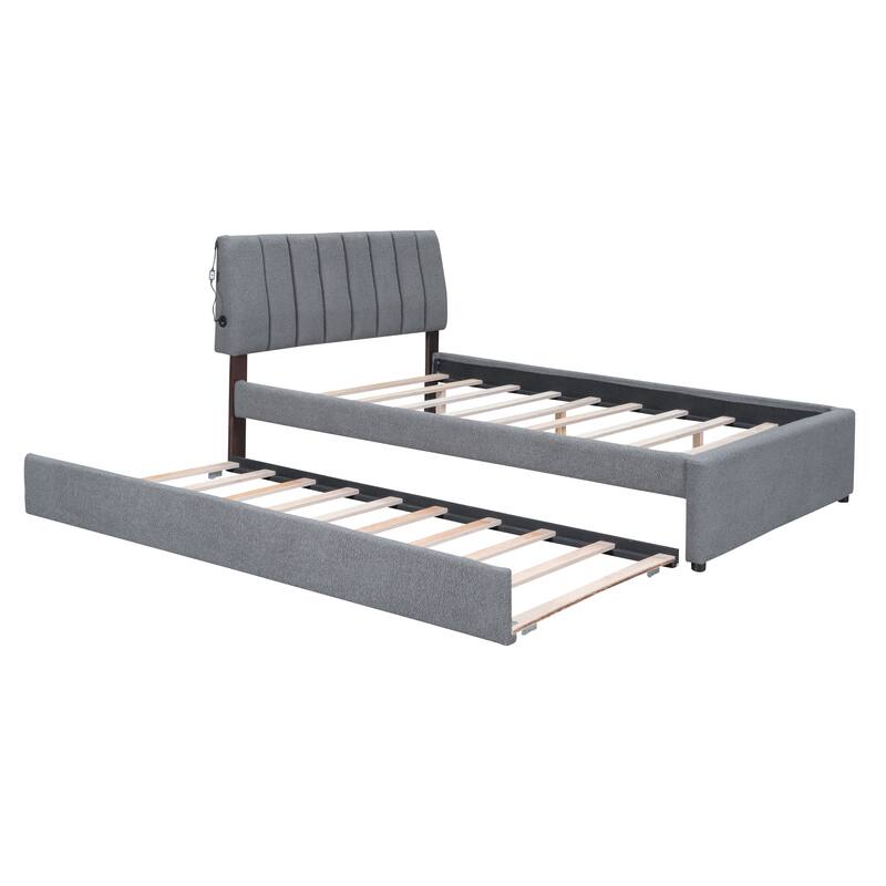 Full Upholstered Platform Bed with Teddy Fleece, Twin Size Trundle, and LED Lights for Sleepovers