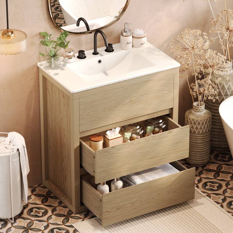 30"/60" Bathroom Vanity Set, Freestanding Bathroom Vanity Cabinet with Ceramic Sink Basin & Drawers