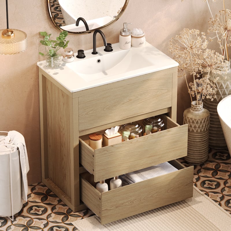30" Freestanding Bathroom Vanity with Ceramic Sink - 2 Full-Extension Drawers, Soft-Close Slides & 45° Handle-Free Design