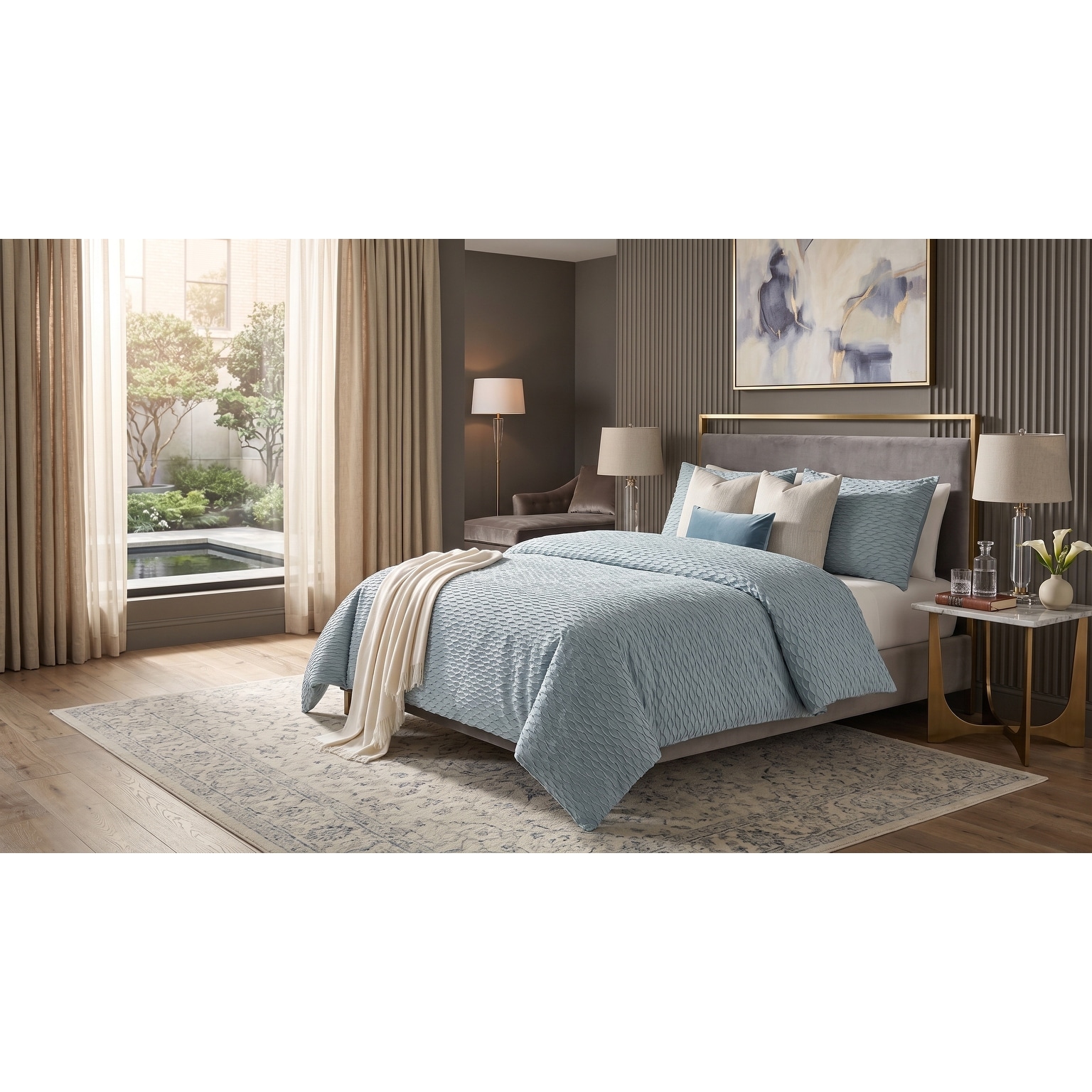 Blue Tide Tucked Velvet Duvet Cover and Insert Set