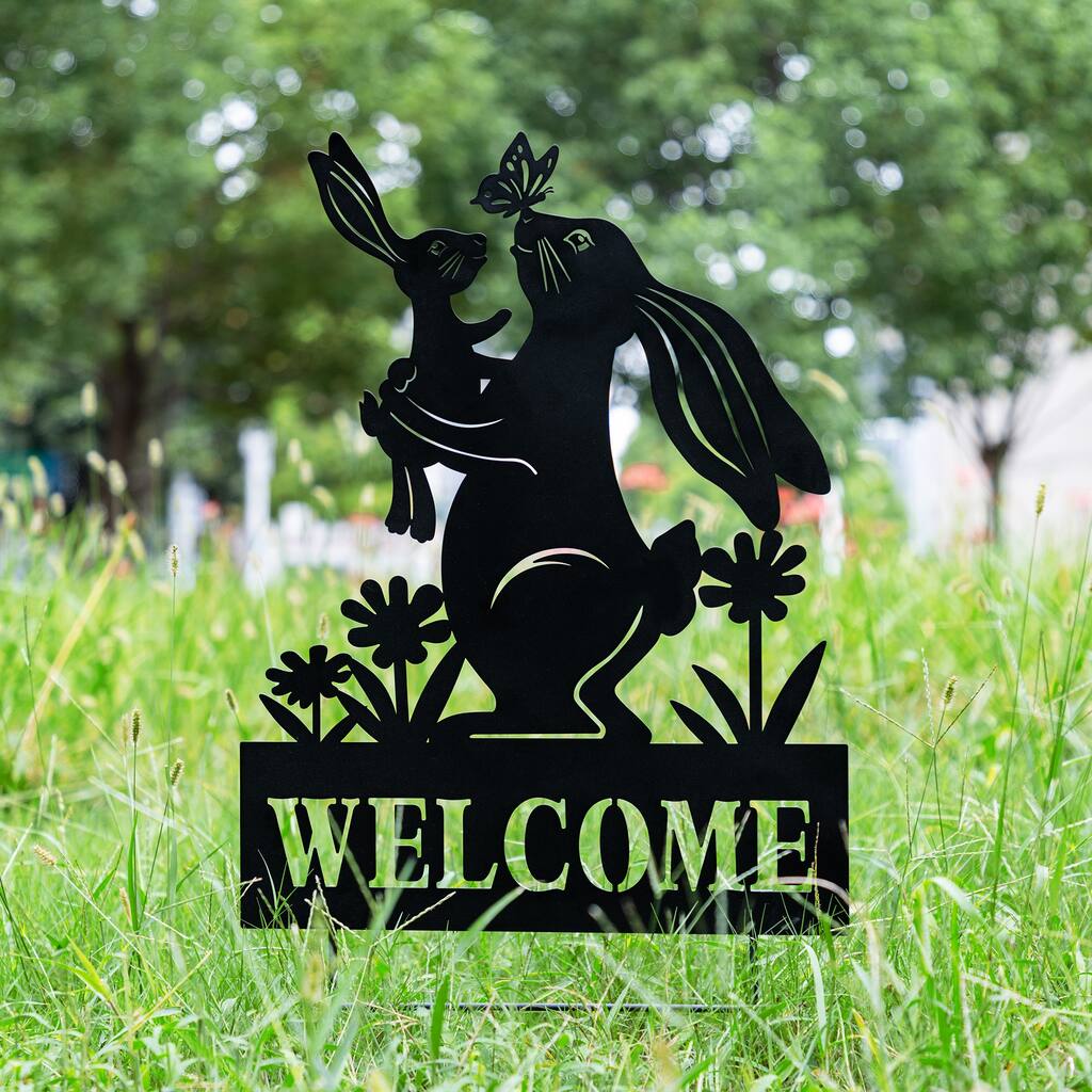 Glitzhome 30"H Multi-functional Metal Rabbit Flower Fairy Silhouette with Welcome Sign Garden Yardstake Wall Decor