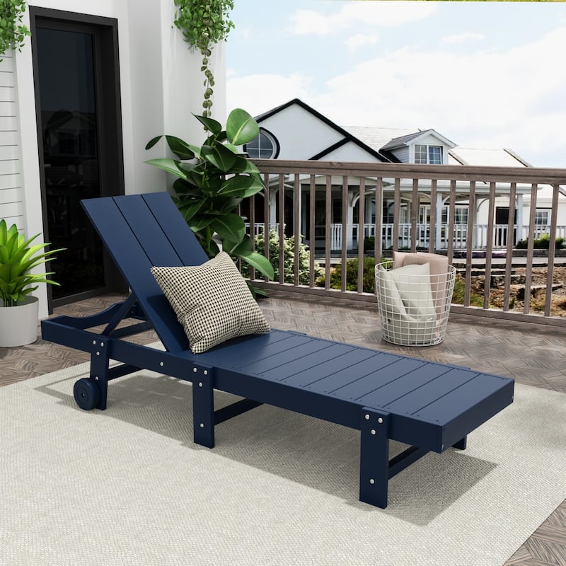 Shoreside Modern Poly Eco-Friendly All Weather Reclining Chaise Lounge With Wheels - Navy Blue