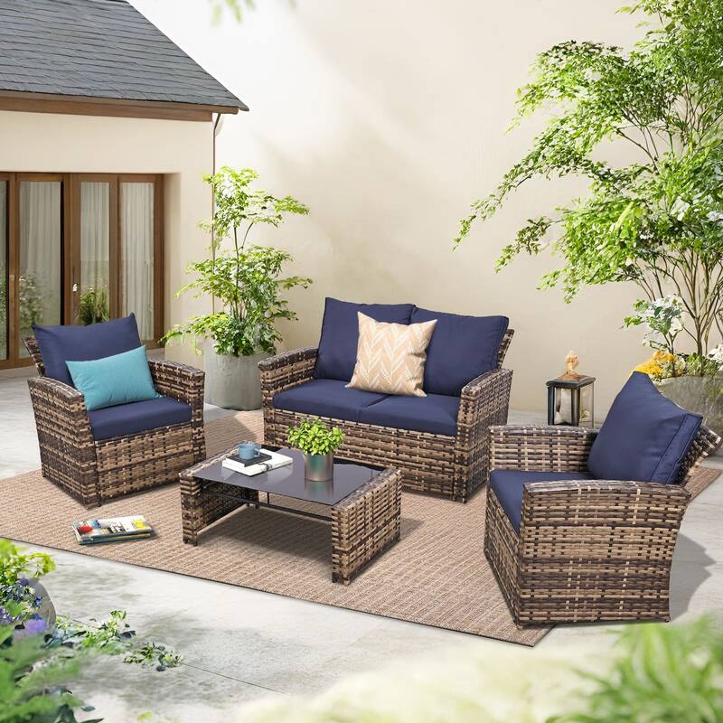 4-Piece Wicker Outdoor Sofa Set, 1 Loveseats, 2 Single Sofas, 1 Table - Brown/Blue