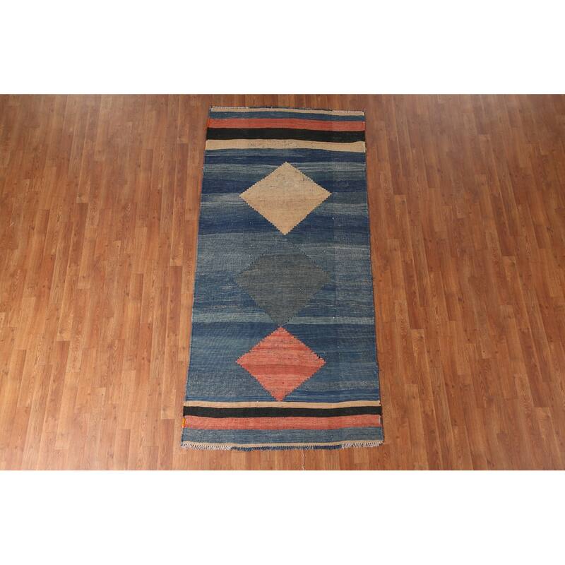 Blue Geometric Kilim Qashqai Persian Area Rug Flatweave Wool Carpet - 3'10" x 8'2"