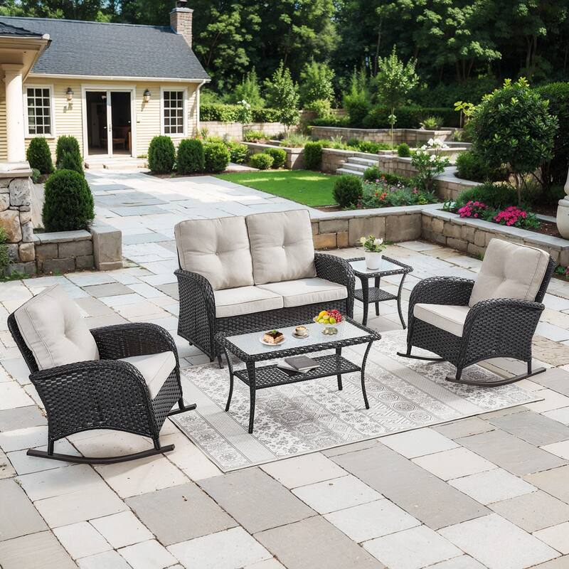 Outdoor Glider Sofa Rocker Chairs Table Black-Beige - Black - Black - Beige